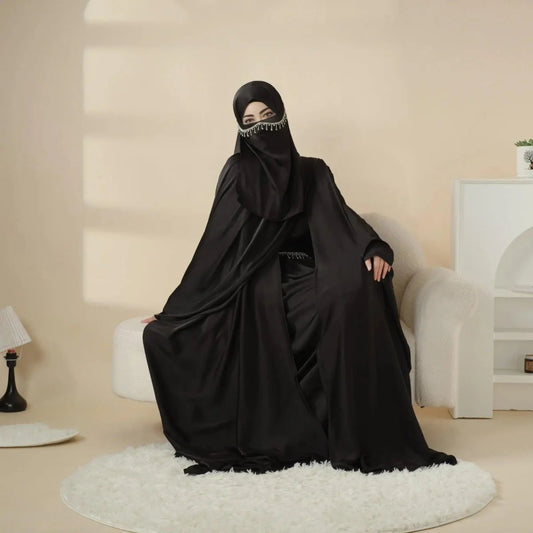 5-Piece Set Butterfly Abaya With Niqab, Loose Full Cover Satin Abaya