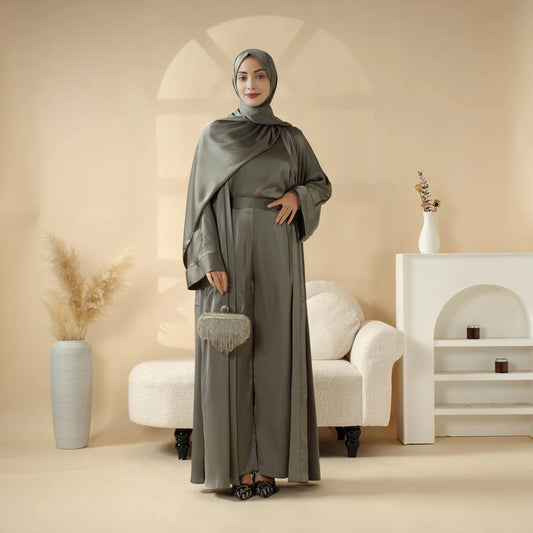 Luxury Satin Modest Abaya Set 4-Piece – Elegant Open Abaya, Top, Pants & Matching Hijab