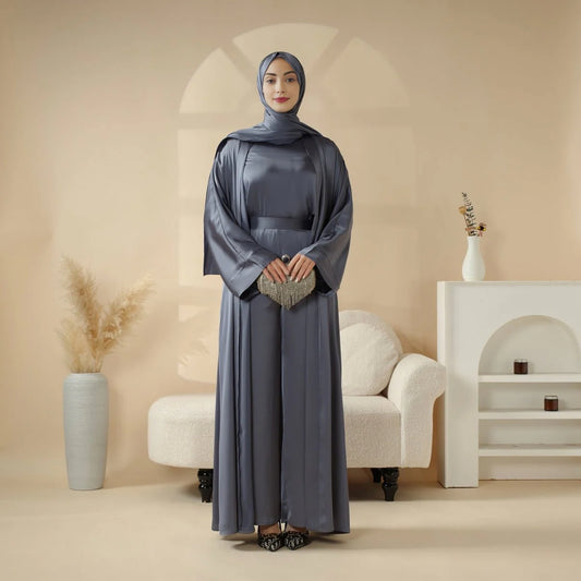 Luxury Satin Modest Abaya Set 4-Piece – Elegant Open Abaya, Top, Pants & Matching Hijab