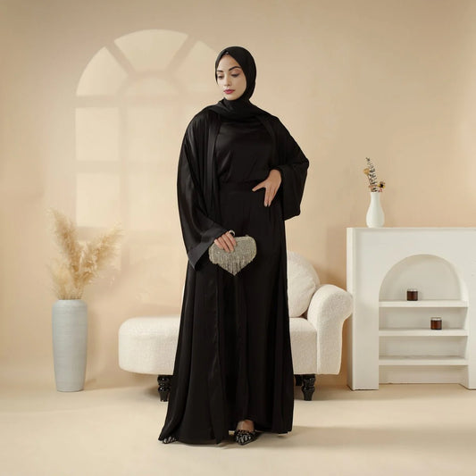 Luxury Satin Modest Abaya Set 4-Piece – Elegant Open Abaya, Top, Pants & Matching Hijab