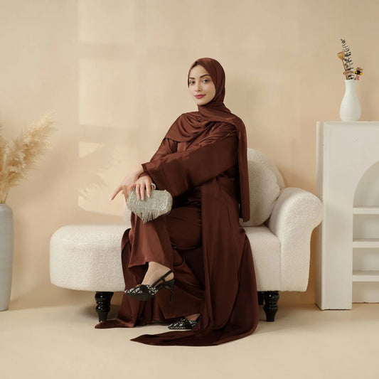 Luxury Satin Modest Abaya Set 4-Piece – Elegant Open Abaya, Top, Pants & Matching Hijab