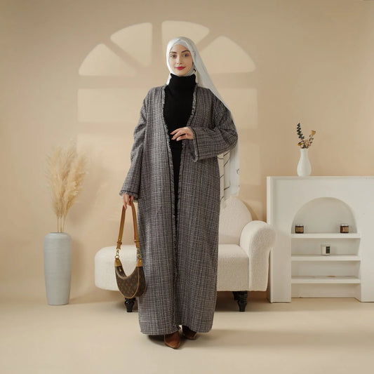 Plaid Tweed Open Abaya Coat with Fringe Details