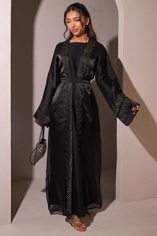 Ensemble 2 pièces abaya + kimono noir à strass