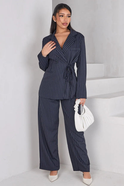 Ensemble 2 pièces blazer + pantalon à rayures bleu foncé