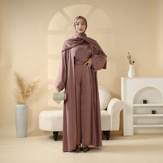 Luxury Satin Modest Abaya Set 4-Piece – Elegant Open Abaya, Top, Pants & Matching Hijab