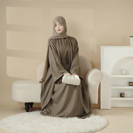 Plain Linen Abaya 3-Piece Set