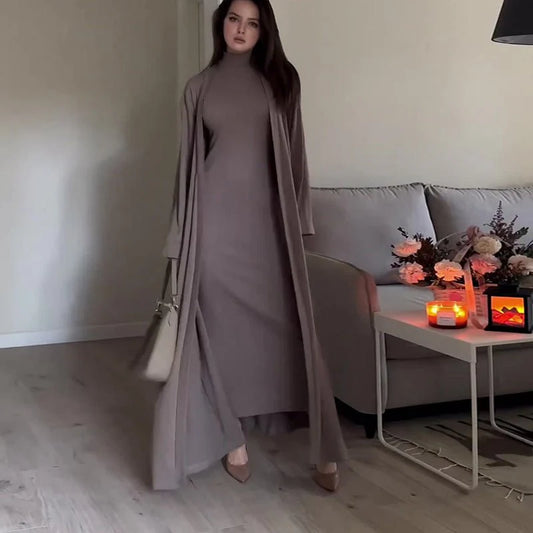 High Neck Casual Slim Shawl Abaya 2-Piece Set