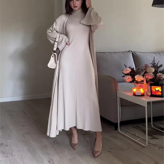 High Neck Casual Slim Shawl Abaya 2-Piece Set