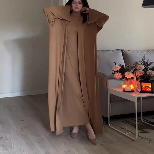 High Neck Casual Slim Shawl Abaya 2-Piece Set