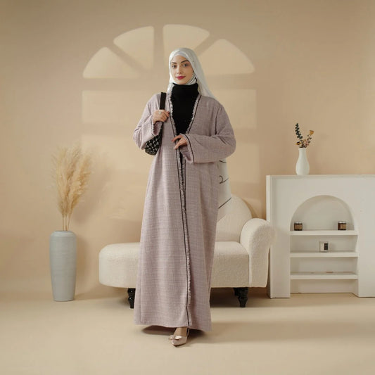 Plaid Tweed Open Abaya Coat with Fringe Details