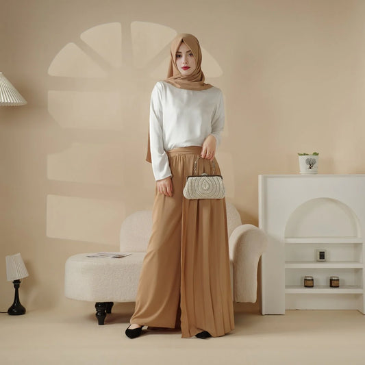Pleated Overskirt, Wide-Cut Pants & Matching Hijab Set